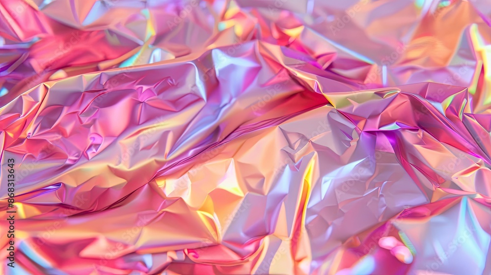 Crumpled pink foil. The background shimmers with all the colors of the rainbow. Crumpled pink foil. The background shimmers with all the colors of the rainbow.