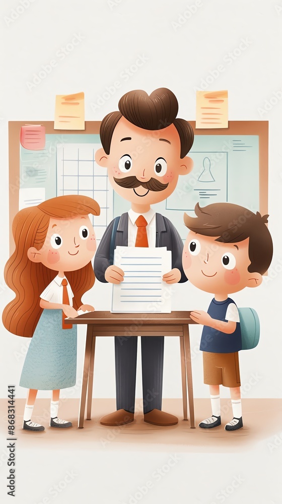 Illustration of a teacher with two students in a classroom, highlighting education, learning, and guidance. Perfect for educational concepts., back to school Illustration of a teacher with two students in a classroom, highlighting education, learning, and guidance. Perfect for educational concepts., back to school