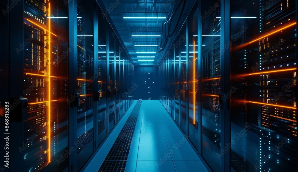 Modern Data Center with Blue and Orange Lighting Modern Data Center with Blue and Orange Lighting