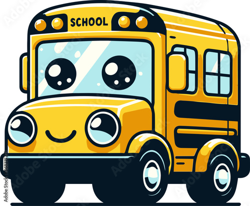 Cute cartoon school bus with a smiling face and big eyes, perfect for children's illustrations and educational material.