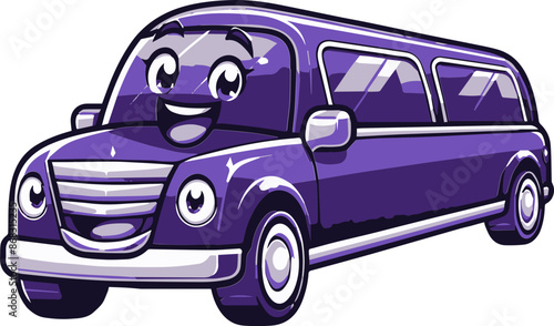 Cheerful cartoon purple limousine with a happy face. Fun and kid-friendly illustration perfect for children's books or transportation themes.