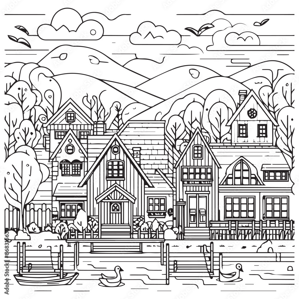 Fototapeta premium Simple black outline rural village coloring page for children