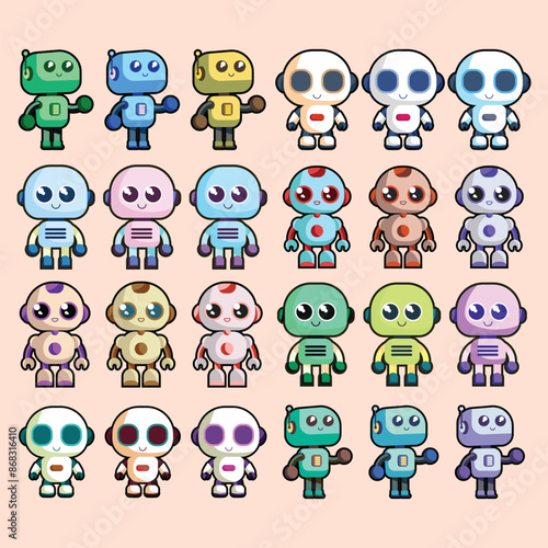 Robot character set for the animation with various views, hairstyle, emotion, pose and gesture. Robot innovation technology science emotions