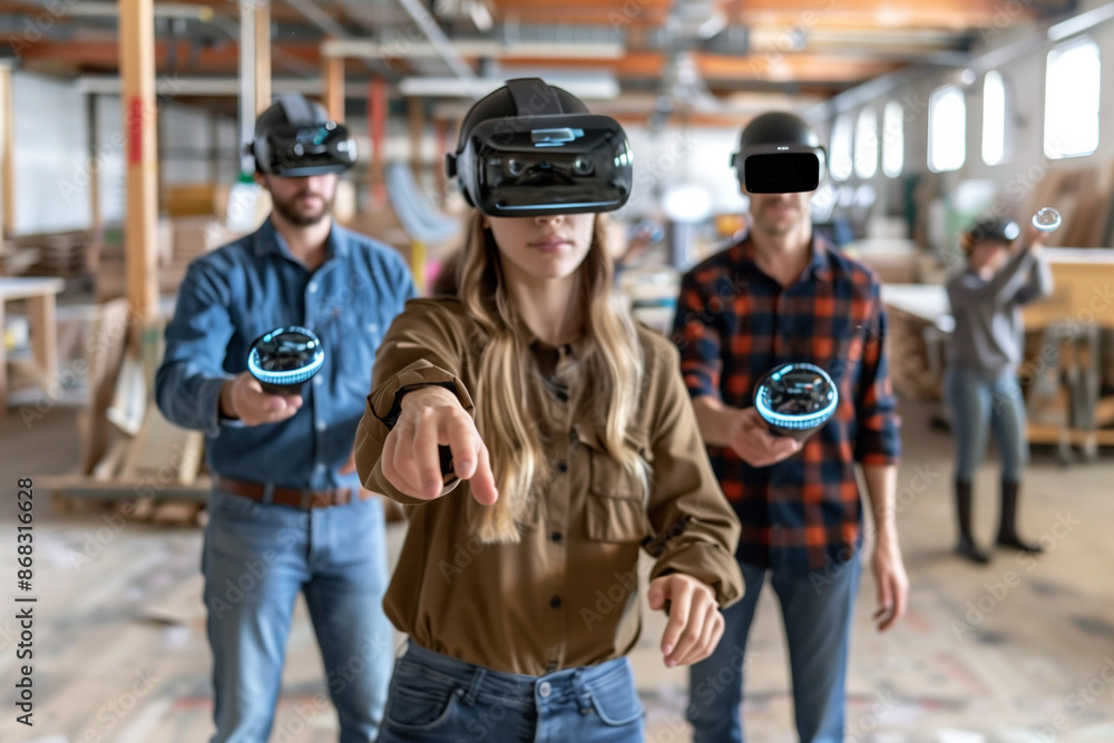 Fototapeta premium Group Using Virtual Reality Headsets in Modern Workshop