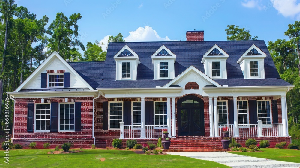 Fototapeta premium colonial revival house with Bahama shutters in classic navy, complementing the white trim and red brick for a timeless look