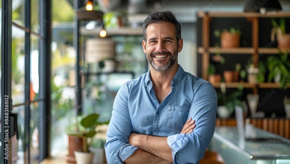 Smiling man in casual shirt in modern workspace setting Smiling man in casual shirt in modern workspace setting