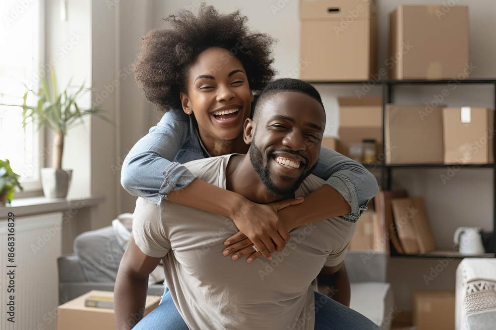 Happy Couple Moving Into New Home with Brown Boxes Happy Couple Moving Into New Home with Brown Boxes