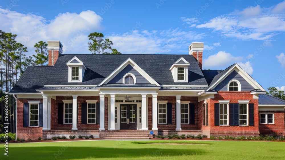 colonial revival house with Bahama shutters in classic navy, complementing the white trim and red brick for a timeless look colonial revival house with Bahama shutters in classic navy, complementing the white trim and red brick for a timeless look