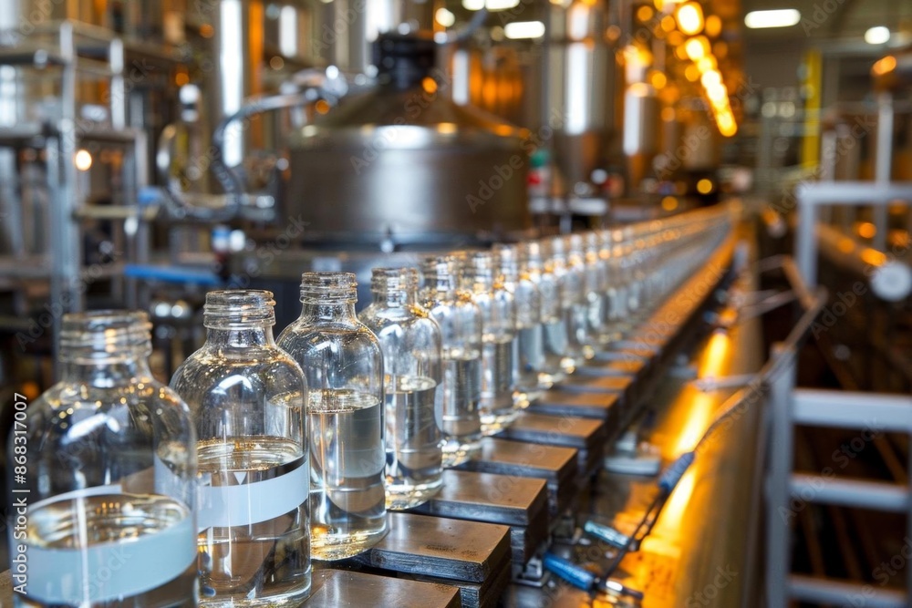 Glass bottles on a production line with steel machinery Glass bottles on a production line with steel machinery
