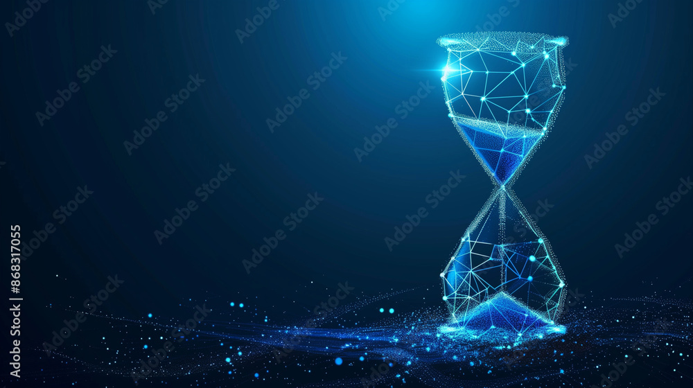 Digital Hourglass, Line and Triangle Icon with a Network of Points, Networked Time, Hourglass Icon in a Web of Lines and Triangles, Geometric Hourglass, Lines, Triangles, and Points on a Blue Backgrou Digital Hourglass, Line and Triangle Icon with a Network of Points, Networked Time, Hourglass Icon in a Web of Lines and Triangles, Geometric Hourglass, Lines, Triangles, and Points on a Blue Backgrou