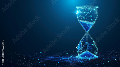 Digital Hourglass, Line and Triangle Icon with a Network of Points, Networked Time, Hourglass Icon in a Web of Lines and Triangles, Geometric Hourglass, Lines, Triangles, and Points on a Blue Backgrou