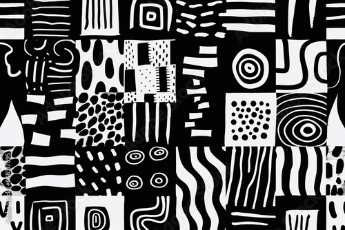 black and white pattern, collage of squares with abstract paints