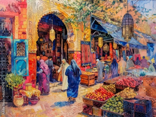 Vibrant Marrakech Street MarketBusy Crowd and Colorful Atmosphere in Sunlight © Majella