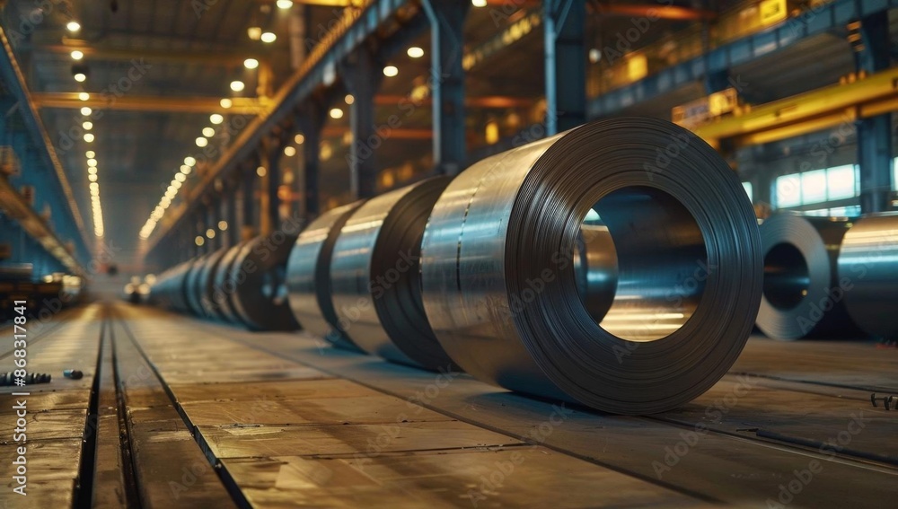 Industrial steel coils in factory with warm lighting Industrial steel coils in factory with warm lighting