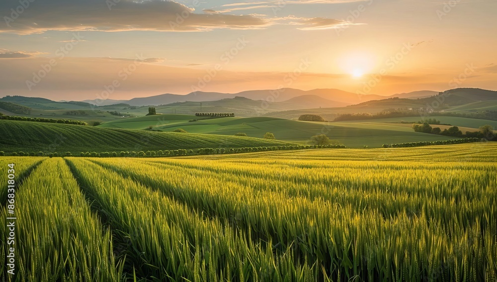 Sunset over Rolling Hills with Lush Green Fields Sunset over Rolling Hills with Lush Green Fields