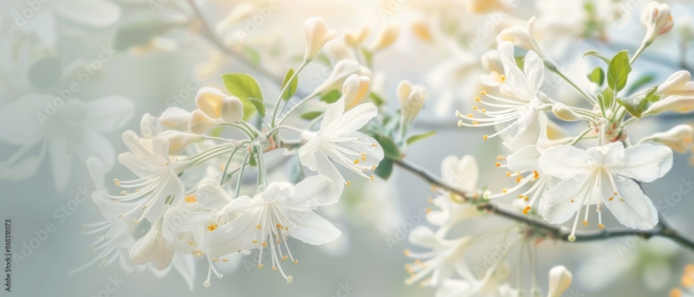 Close-up of Lonicera japonica flowers in a delicate and ethereal setting with white petals and green leaves bathed in soft light Close-up of Lonicera japonica flowers in a delicate and ethereal setting with white petals and green leaves bathed in soft light