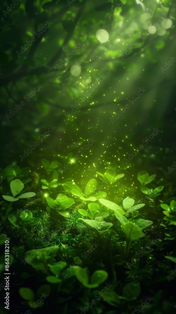 Saussurea involucrata surrounded by mystical glowing lights and lush green foliage in an enchanting forest scene Saussurea involucrata surrounded by mystical glowing lights and lush green foliage in an enchanting forest scene