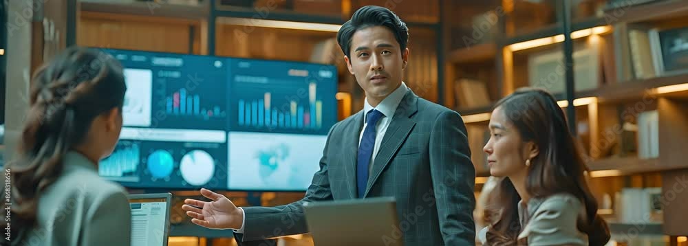 Asian professional, successful businessman dressed in a suit, explaining to businesswoman colleagues the report investment graph chart data on the computer display in the conference room. Asian professional, successful businessman dressed in a suit, explaining to businesswoman colleagues the report investment graph chart data on the computer display in the conference room.