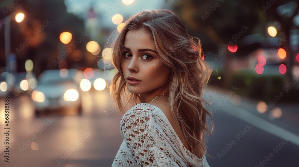 Fototapeta premium A woman stands on a city street at night