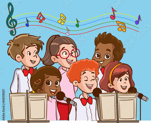Chorus rehearsal isolated cartoon vector illustration. Music rehearsal, middle school choir performance, teach vocal technique, children singing on stage, orchestra class vector cartoon.