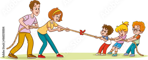 Teams Of Kids and Adults Characters Compete In Tug Of War By Pulling Opposite Ends Of A Rope, Testing Their Strength And Teamwork. Family Competition, Rivalry with Children and Parents