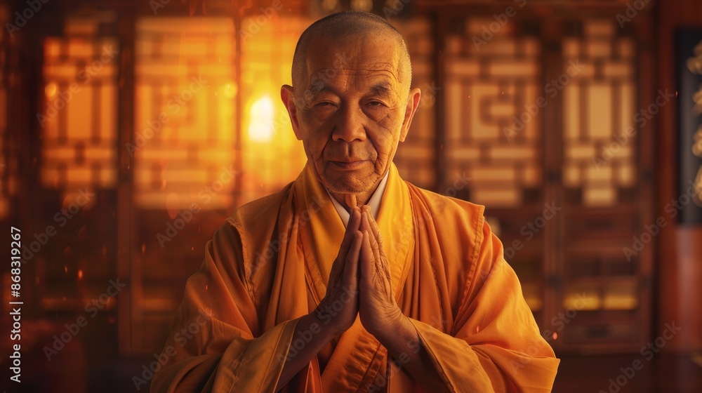 Elderly chinese zen monk in traditional robes in high quality indoor portrait photography Elderly chinese zen monk in traditional robes in high quality indoor portrait photography