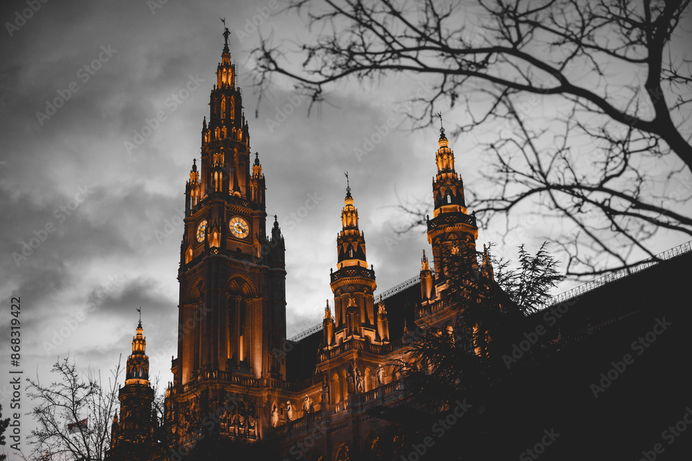 Obraz premium Graue Wolken über Rathaus Wien Österreich 