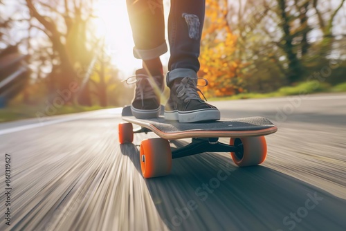 Dynamic skateboard ride on a sunny autumn day photo