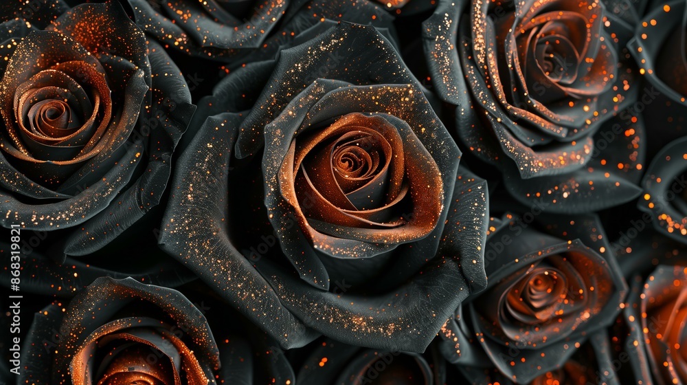 top view black roses covered with orange glitter background