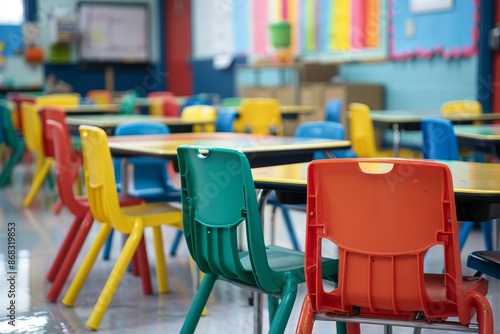 Brightly Colored Classroom Chairs in a School Setting © Vlad