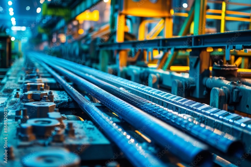 Industrial Conveyor Belt in Blue and Orange Lighting Industrial Conveyor Belt in Blue and Orange Lighting