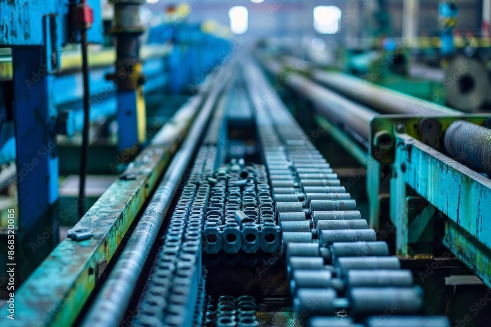 Industrial Conveyor Belt in Factory with Blue Machinery Industrial Conveyor Belt in Factory with Blue Machinery
