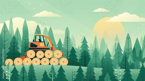 Illustration of a logging tractor transporting cut wood logs in a dense forest under a bright sun with clear skies. photo