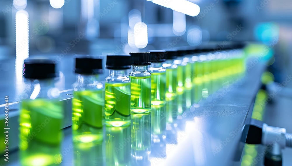 Green Liquid in Laboratory Vials on Conveyor Belt Green Liquid in Laboratory Vials on Conveyor Belt