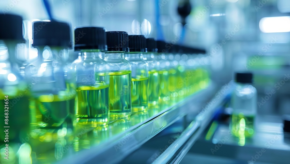 Row of Green Liquid Bottles in Industrial Laboratory Row of Green Liquid Bottles in Industrial Laboratory