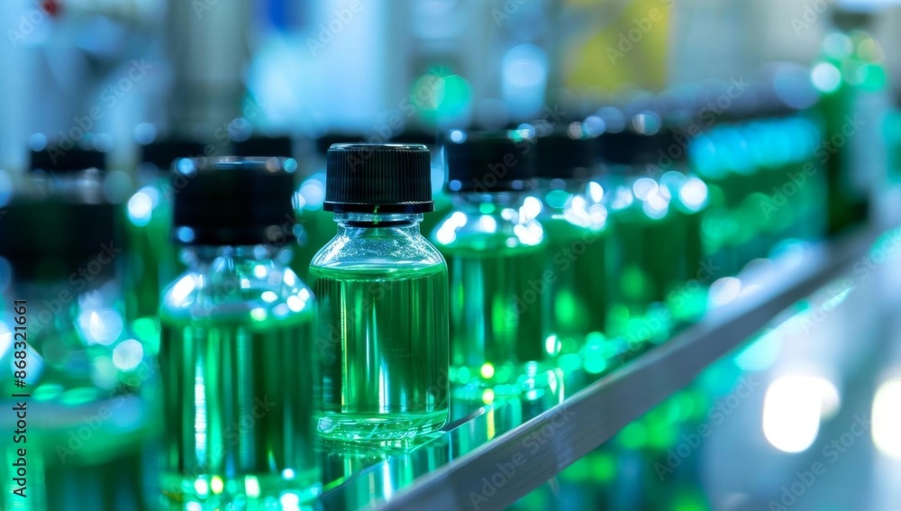 Green liquid bottles on production line in factory Green liquid bottles on production line in factory