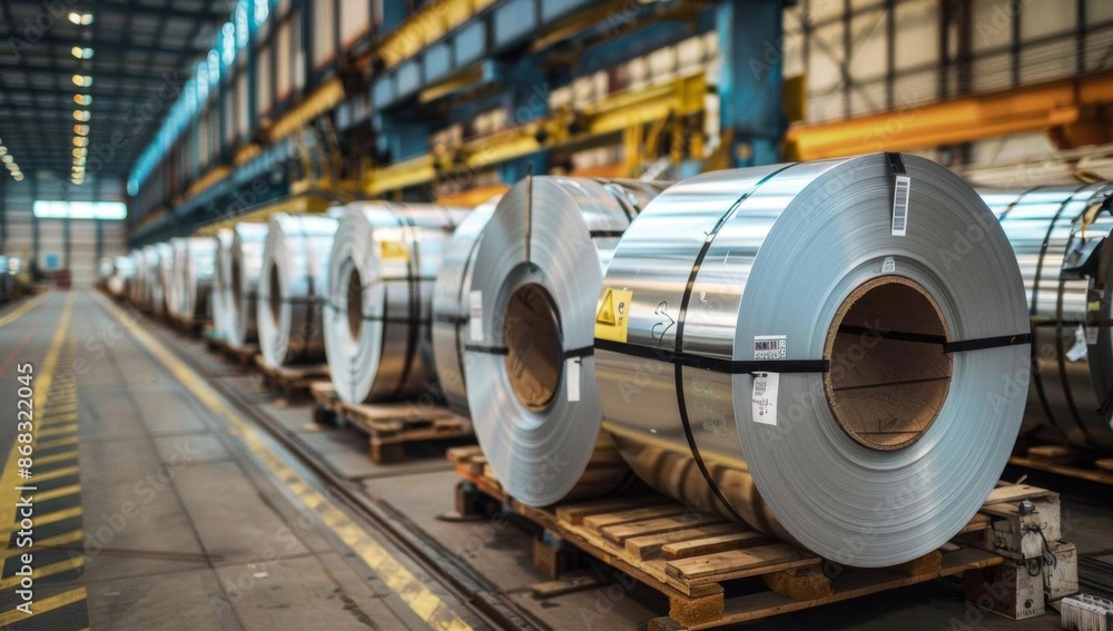 Industrial Steel Coils in Modern Factory with Blue and Yellow Industrial Steel Coils in Modern Factory with Blue and Yellow