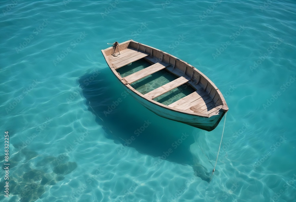 A small wooden boat floating on a vibrant turquoise ocean, with the boat's reflection visible in the water A small wooden boat floating on a vibrant turquoise ocean, with the boat's reflection visible in the water