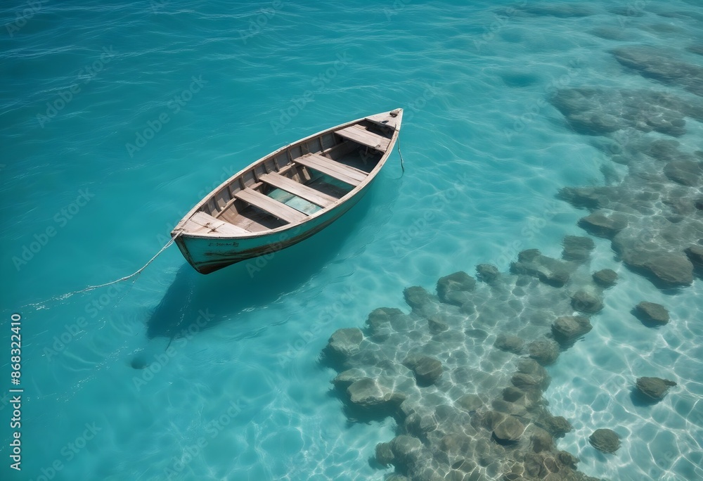 A small wooden boat floating on a vibrant turquoise ocean, with the boat's reflection visible in the water A small wooden boat floating on a vibrant turquoise ocean, with the boat's reflection visible in the water