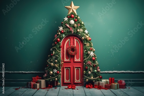 Red front door with the christmas decor. Exterior mockup. 3d render.