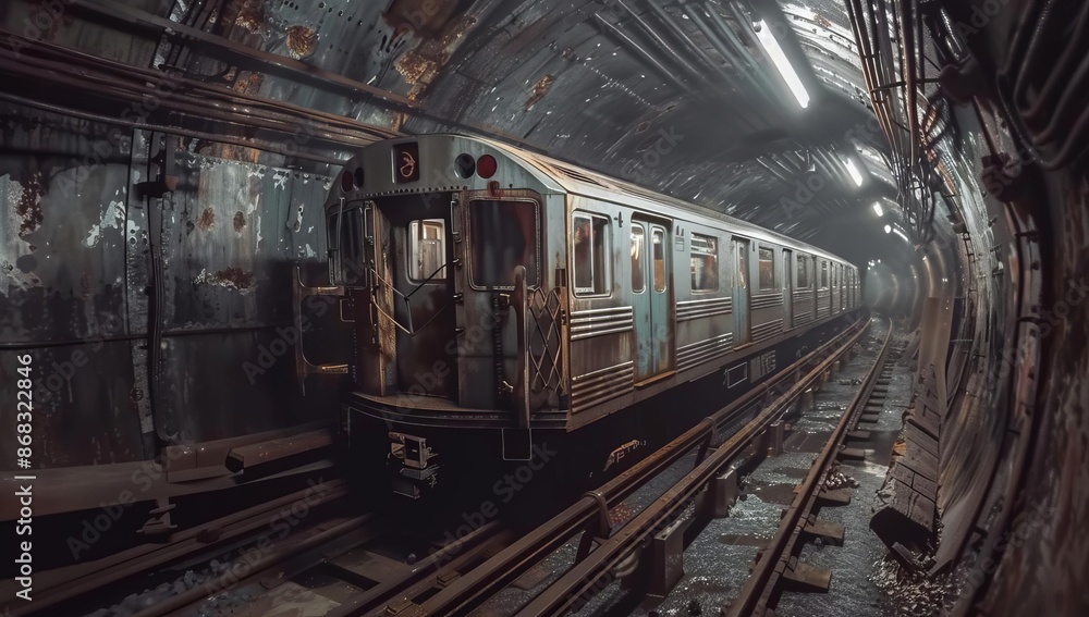 Naklejka premium Rustic Subway Train in Dimly Lit Tunnel with Rusty Walls