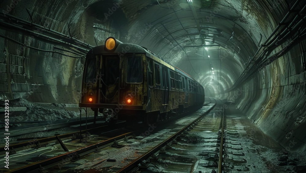 Naklejka premium Rusty Train in Dark Industrial Subway Tunnel with Dim Lighting