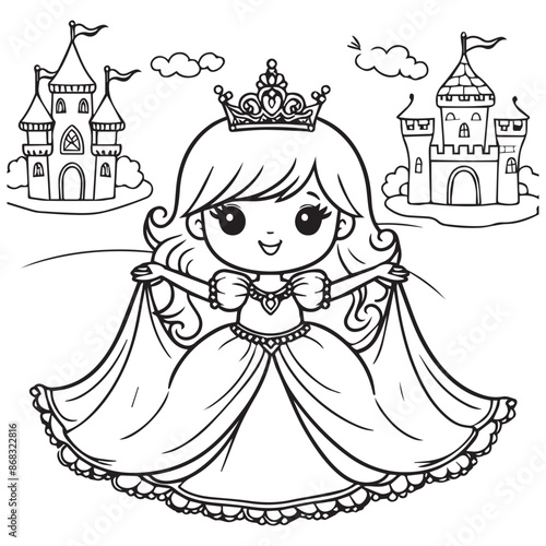 simple black outline cartoon princess coloring page for children.