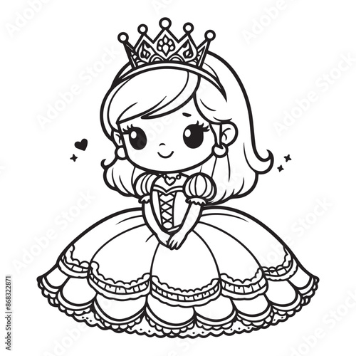 simple black outline cartoon princess coloring page for children.