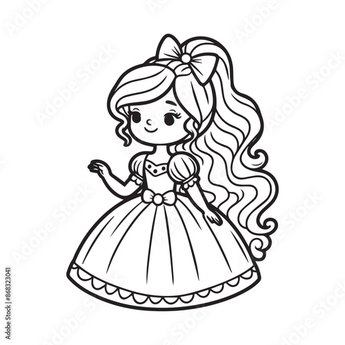 simple black outline cartoon princess coloring page for children.