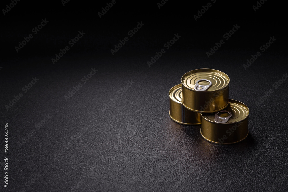 Round metal can with canned meat or fish with a key Round metal can with canned meat or fish with a key