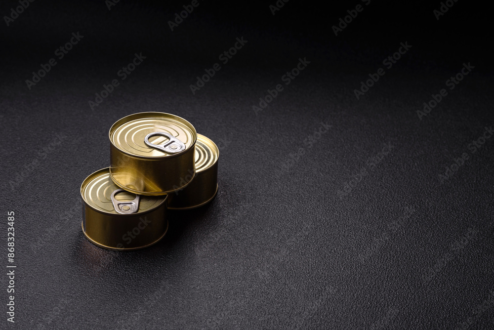 Round metal can with canned meat or fish with a key Round metal can with canned meat or fish with a key
