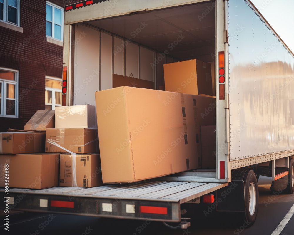 A moving truck parked on an urban street, filled with packed cardboard boxes ready for relocation. A moving truck parked on an urban street, filled with packed cardboard boxes ready for relocation.