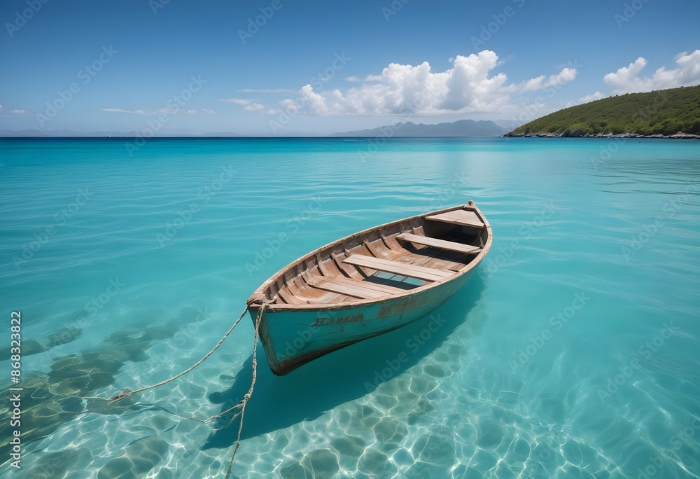 A small wooden boat floating on a vibrant turquoise ocean, with the boat's reflection visible in the water A small wooden boat floating on a vibrant turquoise ocean, with the boat's reflection visible in the water