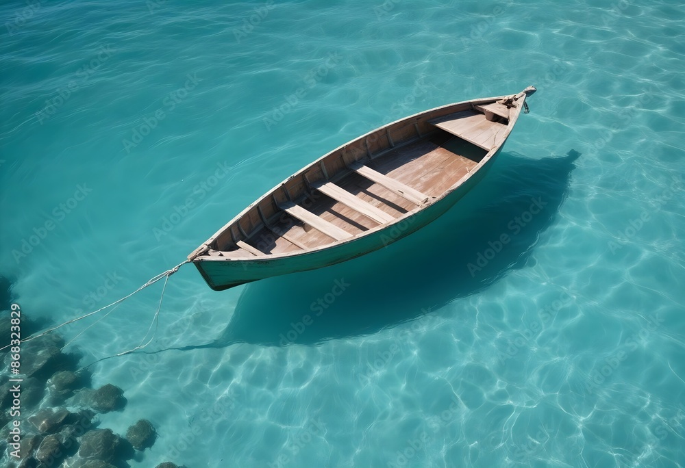 A small wooden boat floating on a vibrant turquoise ocean, with the boat's reflection visible in the water A small wooden boat floating on a vibrant turquoise ocean, with the boat's reflection visible in the water